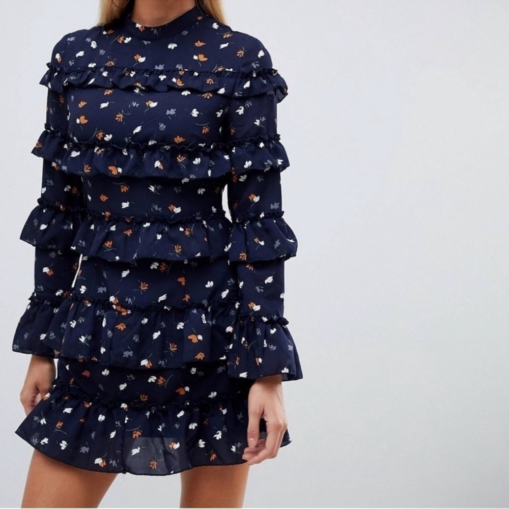 Floral Ruffle Navy Dress